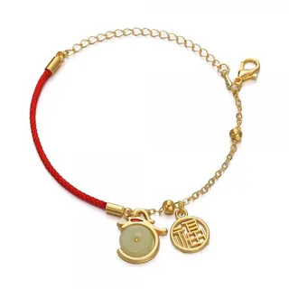Dragon Year Lucky Charm Red String Bracelet for Women, 18K Gold Plated Alloy with Green Jade Bi Disc & Openwork Fu Medallion, Adjustable New Chinese Style Gift Jewelry