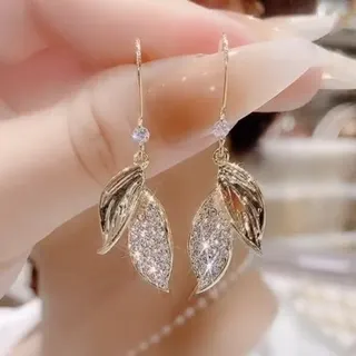 Luxury Leaf Paved Crystal Drop Earrings - 18K Gold Plated Alloy, Double-Side Mirror & Rhinestone Design, Elegant French Style Dangle Earrings for Women