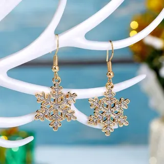 Christmas Gold Snowflake Dangle Earrings - Rhinestone Paved Hollow Snowflake Hoop Earrings, 18K Gold Plated Alloy, Festive Party Jewelry for Women