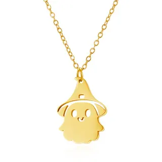 Gold Halloween Ghost Necklace, Stainless Steel 18K Gold Plated Cute Smiley Hollow Pendant, Hypoallergenic Tarnish-Free Chain 40+5cm, Festive Jewelry for Women