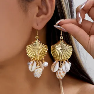 Boho Seashell Pearl Drop Earrings - Gold Alloy 18K Plated Scallop & Cowrie Shell Dangle Earrings, Ocean Vacation Beach Wedding Jewelry, 8cm