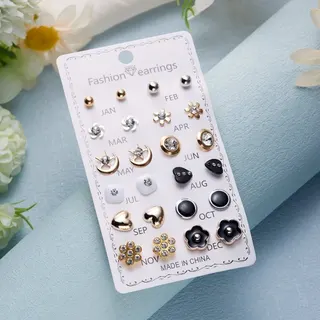12 Pairs Earrings Set for Women - Flower Heart Star Pearl Rhinestone Stud Earrings, Alloy Gold Plated, Birthday Gift Card Pack