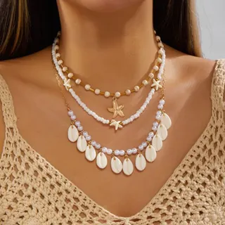 Boho Beach Shell Starfish Pearl Beaded Necklace Set - 3 Layer Gold Plated Alloy Layered Necklace with Turquoise Accents, Adjustable 36+5cm, Summer Vacation Jewelry