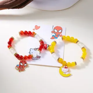 Spider-Man & Hello Kitty Couple Beaded Bracelet Set, Crystal & Cat's Eye Stone, 18cm Cartoon Charm Bracelets for Him & Her, Gift Boxed Pair