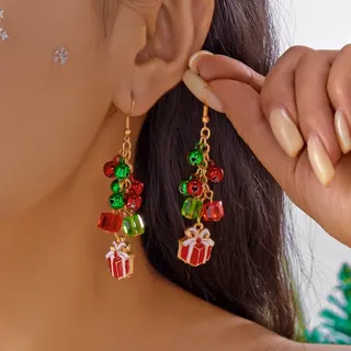 Christmas Snowflake Dangle Earrings, 18K Gold Plated Alloy with Red Green Crystal Beads, Festive Party Gift Jewelry, 7.5x2cm