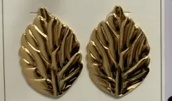 Vintage Gold Leaf Earrings - 18K Gold Plated Alloy, Sculpted Vein Texture, French Chic Statement Hoops for Women