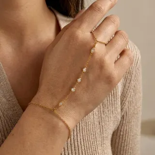 Luxury Zircon Finger Chain Bracelet, 18K Gold Plated Stainless Steel, Adjustable Wrap Hand Chain with Micro-Pavé Stones, Elegant Slim Gold Bracelet for Women