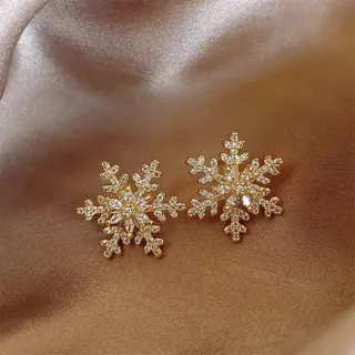 Snowflake Stud Earrings for Women, 18K Gold Plated Alloy with Rhinestone Pave, Christmas Holiday Party Jewelry, 1.7cm