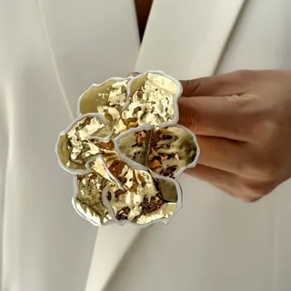 White Edge Flower Cuff Bracelet - Hammered Gold Alloy Wide Statement Bangle, 3D Petal Relief, Lightweight Fashion Jewelry for Women