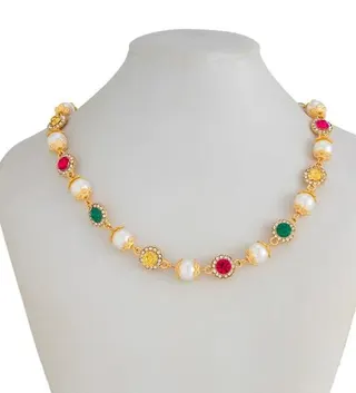Pearl & Color Zircon Necklace - 18K Gold Plated Alloy Collar Chain with Rhinestone Flower Beads, Adjustable 46+7cm, Elegant Party Wedding Jewelry for Women