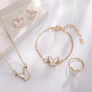 Butterfly Jewelry Set for Women - White Enamel & 18K Gold Plated Alloy Necklace Bracelet Earrings Ring 4-Piece Set, Elegant Gift Box