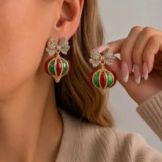 Christmas Bow Ball Drop Earrings - 18K Gold Plated Alloy with Rhinestone Bow & Red Green Ornament, Festive Holiday Gift Earrings for Women