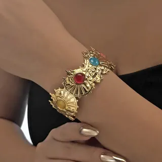 Vintage Boho Wide Cuff Bracelet - Stainless Steel 18K Gold Plated, Oil-Pressed Relief with Multicolor Gemstones, Ocean Series, Hypoallergenic Tarnish-Free, Statement Jewelry for Women (6.0cm)