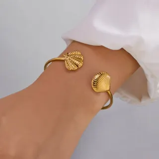Ocean Shell Bracelet - 18K Gold Plated Stainless Steel Open Bangle, French Vintage Hollow Carved Seashell Cuff, Beach Vacation Jewelry