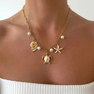 Ocean Themed Pearl Necklace for Women - Sea Turtle, Starfish & Shell Charm, 18K Gold Plated Stainless Steel, Adjustable 40+5cm, Beach Vacation Jewelry