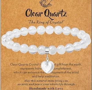 Natural Clear Quartz Bead Bracelet with Silver Heart Charm, Adjustable Elastic String, Handmade Healing Crystal Jewelry Gift for Women