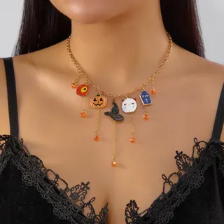 Halloween Pumpkin Witch Hat Skull Dangle Necklace, Gold Plated Alloy Enamel Choker Chain, Funny Party Cosplay Jewelry 38+5cm