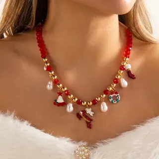 Christmas Reindeer Wreath Sock Pearl Charm Crystal Necklace, Red 18K Gold Plated Alloy with Baroque Faux Pearl Drops, Festive Beaded Long Necklace for Women 57+7cm