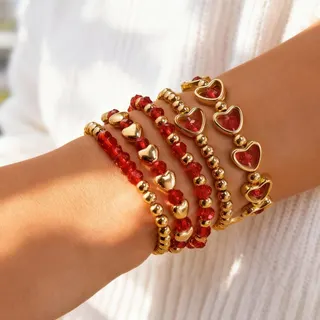 Valentine's Day Red Crystal Heart Bracelet Set of 5 - Multi-Strand Beaded Stack, 18K Gold Plated CCB, Hollow Crystal Heart Charm, ~18cm, Gift for Her