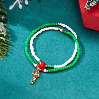 Christmas Beaded Bracelet for Women, Double Layer Green Seed Beads with Enamel Gift Box Charm & Engraved Disc, Alloy, 18cm, Holiday Gift Jewelry
