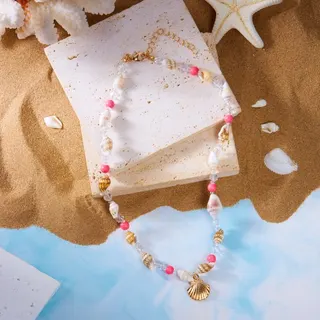 Blue Shell & Conch Beaded Necklace - Boho Beach Vacation Jewelry with Turquoise Beads, Crystal & Gold Shell Charm, Adjustable 40+5cm