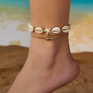 Shell & Starfish Ankle Bracelet Set of 2, Boho Beach Style, Natural Shell + Alloy + Braided Cord, Adjustable 16-28cm, White & Khaki, Summer Vacation Foot Jewelry for Women