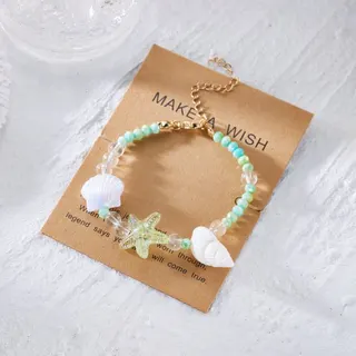 Ocean Starfish Shell Beaded Bracelet, Green Resin Charm Bracelet with Gold Extender Chain, Summer Beach Jewelry for Women Girls