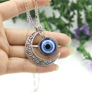 Turkish Evil Eye Moon Necklace, Silver Alloy Hollow Crescent Moon Pendant with Blue Glass Eye, Boho Adjustable 45+5cm Chain, Lucky Protective Jewelry for Women
