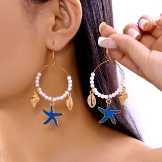Ocean Starfish Shell Hoop Earrings, Imitation Pearl Dangle Earrings with Blue Enamel Starfish & Gold Shell Charm, 18K Gold Plated Alloy Beach Boho Earrings for Women, Approx 8cm