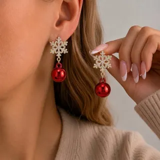 Christmas Snowflake Red Bell Drop Earrings - Rhinestone Alloy 18K Gold Plated Dangle Earrings, Festive Holiday Party Jewelry Gift, Pair
