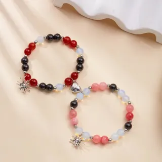 Halloween Spider Heart Magnetic Couple Bracelet - Red Black Pink Beaded Stretchy Adjustable 18cm Alloy Electroplated Sweet Gothic Festival Party Pair Set