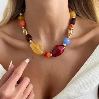 Boho Colorful Beaded Necklace for Women - Iridescent Acrylic Irregular Round Beads with 18K Gold-Plated CCB Spacers, Adjustable 43+9cm Vintage Statement Choker