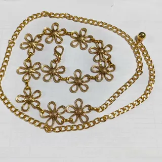 Gold Floral Geometric Waist Chain Belt - 18K Gold Plated Alloy Openwork Flower Body Chain, Adjustable 120cm Boho Beach Dress Accessory