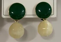 Vintage Two-Tone Drop Earrings - Deep Green Cabochon & Cream Round Bead, Alloy Geometric Dangle Earrings for Women, Lightweight Fashion Jewelry