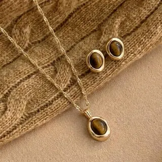 Tiger Eye Necklace & Earrings Set, Gold Geometric Bezel Pendant, 18K Gold Plated Alloy, Retro Earth-Tone Jewelry for Knitwear, 45.7cm