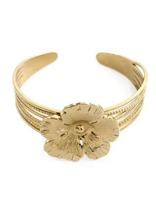 Gold Flower Cuff Bracelet - 18K Gold Plated Alloy Open Bangle with 5-Petal Carved Bloom & Multi-Strand Band, Vintage Luxury Women's Jewelry (Diameter ~6.0cm)