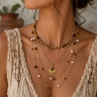 Maillard Boho Tiger Eye Pearl Necklace Set, 3-Layer Stainless Steel 18K Gold Plated Sun Pendant Beaded Choker, Vintage Layered Necklace for Women