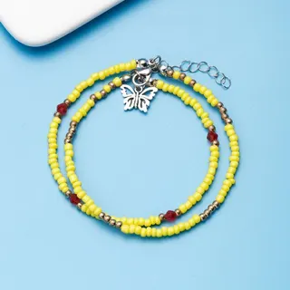 Butterfly Charm Seed Bead Ankle Bracelet, Purple Double Strand with Alloy Butterfly Pendant, Adjustable 19+5cm, Sweet Feminine Beach Jewelry for Women