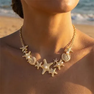 Gold Starfish Shell Pearl Necklace Women Boho Vacation Choker 18K Gold Plated Alloy Beach Jewelry 49+6cm