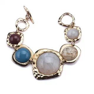 Bohemian Semi-Precious Stone Bracelet, Hammered 18K Gold-Plated Alloy Multi-Gem Bead Toggle Clasp, Vintage Boho Jewelry for Women, 16cm