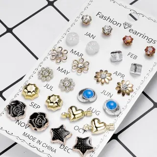 12 Pairs Fashion Earrings Set - Alloy Rhinestone Flower Heart Star Stud Earrings, 12 Months Birthstone Card Pack, Colorful Blue Rose Gold Silver Jewelry Gift for Women