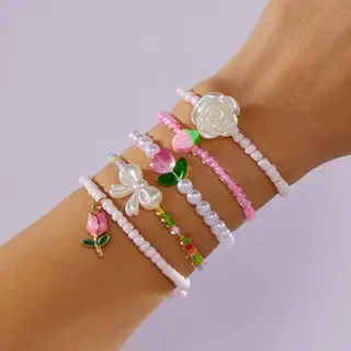 5-Piece Floral Bracelet Set for Women - Rose Tulip Strawberry Bow Pearl Beaded Bracelets, Acrylic & Alloy, 18cm, Sweet Vacation Style Stacking Jewelry Gift