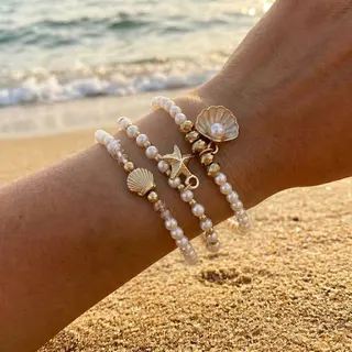 Ocean Beach Pearl Bracelet Set of 3 - Gold Alloy Shell & Starfish Charm Beaded Bracelets, Imitation Pearl Stackable Jewelry for Women, Summer Vacation Gift