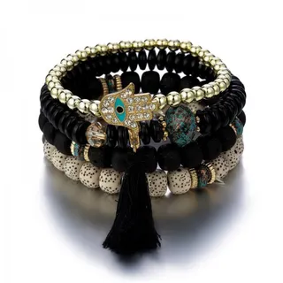 Boho 4-Piece Beaded Bracelet Set - Hamsa Hand Charm with Tassel, Star Moon Bodhi & Coconut Beads, 18K Gold Plated Alloy, Stretchy Elastic Wristband for Women