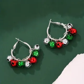Cute Christmas Bell Hoop Earrings for Women, Alloy Red Green Silver Colorful Jingle Bell Dangle Earrings, Holiday Party Jewelry, 1 Pair