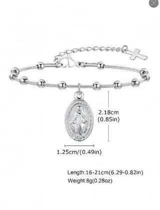 Stainless Steel Snake Chain Bracelet with Bead Spacers, Oval Virgin Mary Relief Pendant & Cross Extender, Adjustable 16-21cm, Tarnish-Free Hypoallergenic Women's Jewelry