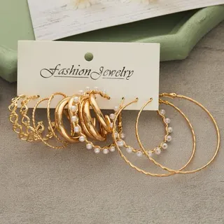5 Pcs Fashion Jewelry Pearl Hoop Earrings Set - Gold Tone C-Shape Open Circle & Heart Chain Clip-On Earrings for Women