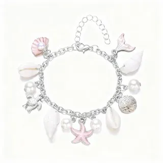 Ocean Charm Bracelet with Pink Starfish, Seashell & Pearl Charms - Silver Plated Alloy Adjustable Beaded Bracelet for Women Girls