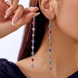 Colorful Heart Crystal Tassel Earrings - Gold Long Dangle Earrings with Rainbow Crystal Hearts, Lightweight Hypoallergenic, Sweet Elegant Party Wedding Jewelry (Pair)