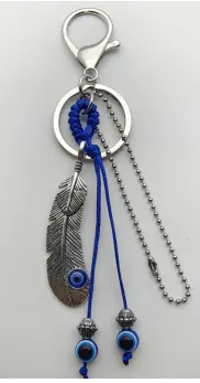 Boho Feather Keychain, Handwoven Macrame Cord Key Ring with Blue Beads, Alloy Silver Feather Bag Charm for Women